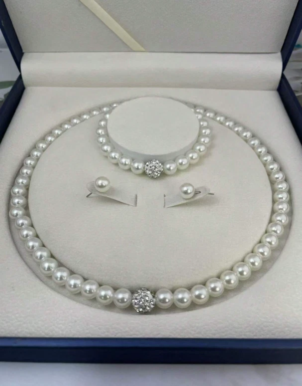 Round White Freshwater Pearl Necklace Earrings Bracelet Set Womens Pearl Jewelry - Image 3 of 4