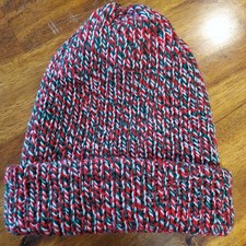 Beanie Knitted Hand Made Unisex size 5 to 8 years Marled Red, Green,  White