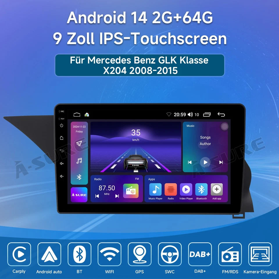 9"64GB Android 14 Autoradio Navi GPS Carplay Für Mercedes-Benz GLK-Klasse X204 - Bild 2 von 4