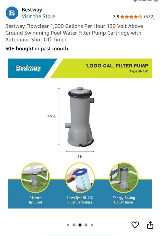 Bestway Flowclear 1,000 Gallons per Hour Above Ground Swimming Pool Filter Pump - Image 3 of 4