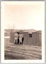 Vtg B W Snapshot WW2 Soldiers By Tent 1944