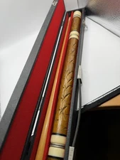 Vtg 3 piece 57” Pool Billiards Cue Stick Carved Wood w Hard Carrying Case