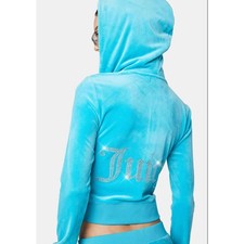 JUICY COUTURE Women's OG Big Bling Velour Hoodie Medium Blue Crush NWT
