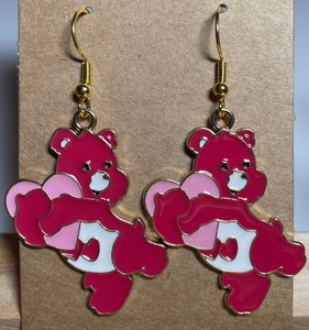 Authentic HANDMADE Gold Plated Pink Care Bears Novelty Character Charm Hook Earrings