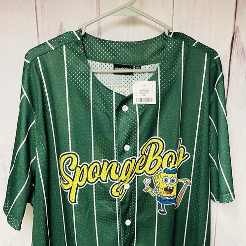 Camiseta de béisbol Nickelodeon Bob Esponja pantalones cuadrados para hombre talla 3XL verde abotonada - Imagen 4 de 4