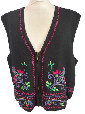 #ad Napa Valley Vest Womens XL Black Embroidered Floral Zip Up Boho Folk Art Wool $15.26