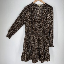 Michael Kors Leopard Animal Print Smocked Waist Ruffle Mini Dress Brown Plus 0X