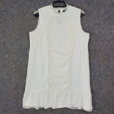 As U Wish Dress Womens Small White Lace Shift High Neck Sleeveless Ruffle Hem