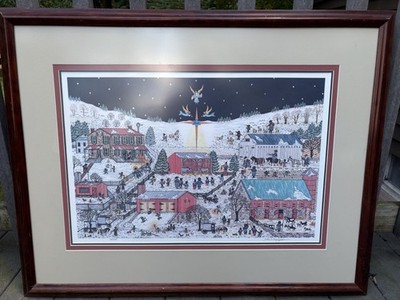 John S Kauffman Primitive Print 1986 Winter Scene 106/250 Framed Matted Holiday