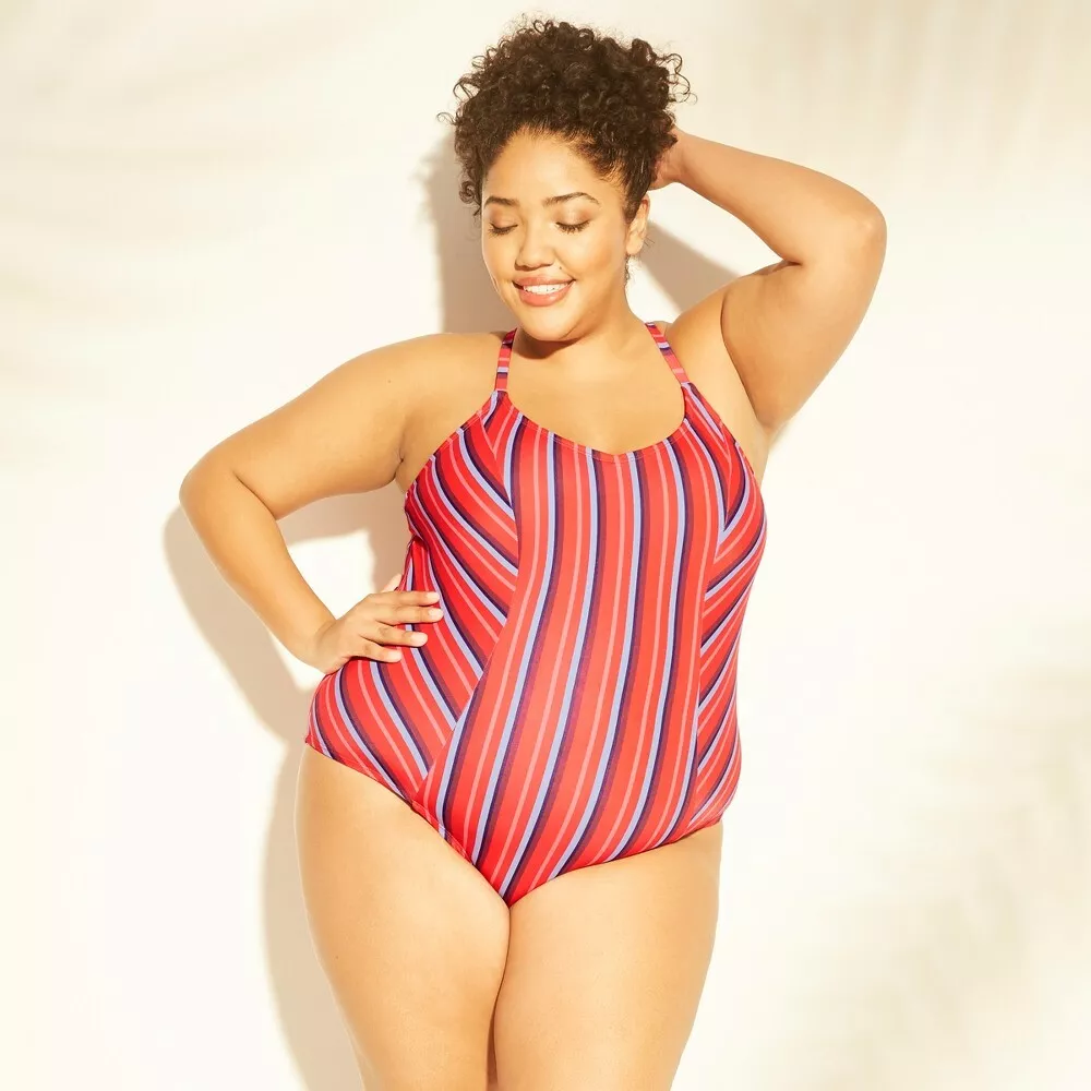 Kona Sol Women s Plus Size Lace Up Back One Piece Swimsuit Red