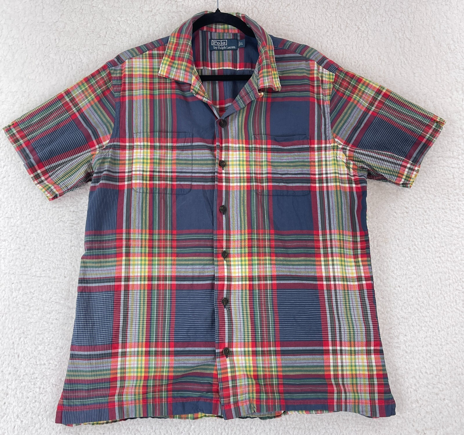 Polo Ralph Lauren Button Up Shirt Mens Large Blue Plaid Short Sleeve Classic