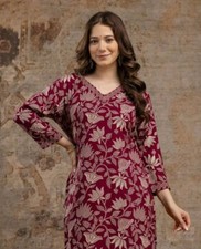 Wine Kurta Printed Women Kurti Indian V Neck Ethnic Top Tunic Dress