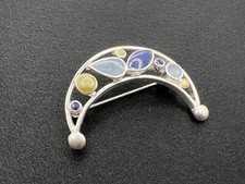 Vintage 1980s Crescent Moon Brooch Celestial Silver Plated Pastel Blue Green BN