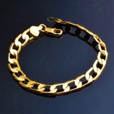 18k Gold Filled Over Brass Mens Cuban Curb Link Chain 8" Bracelet D631