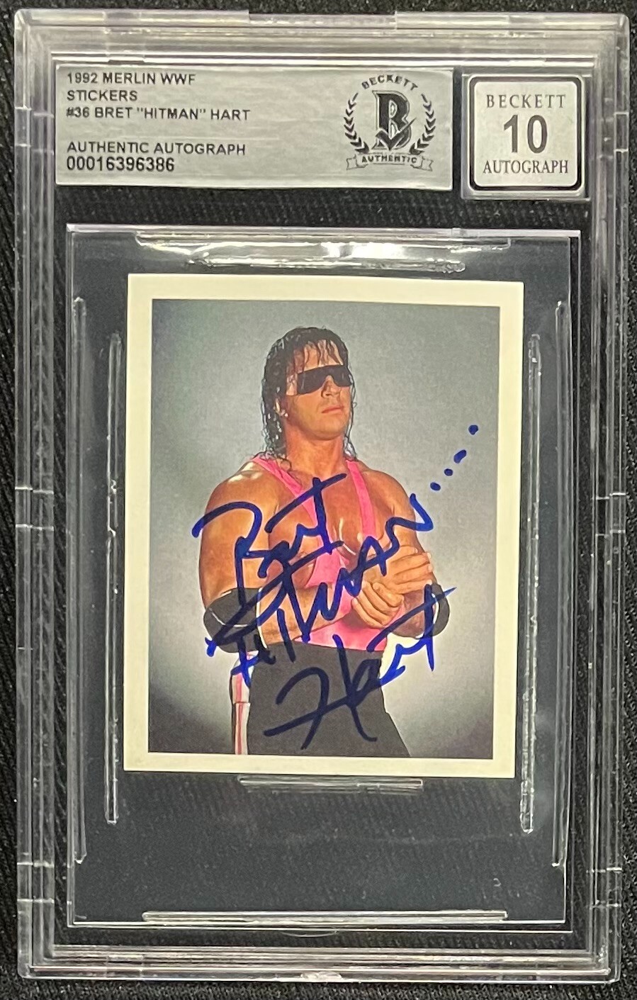 BRET HITMAN HART SIGNED WWF 1992 MERLIN STICKERS #36 BECKETT AUTO GRADE ...