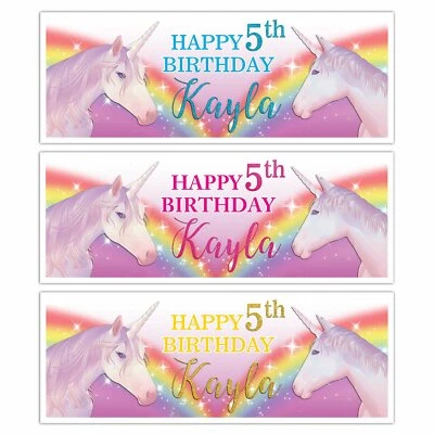GET INVITED UNICORN GIRLS HAPPY BIRTHDAY BANNER PARTY NAME KIDS DECORATIONS PERSONALISED