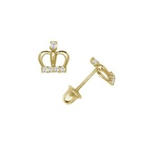 14k Yellow Gold CZ Crown Baby Screw Back Stud Earrings