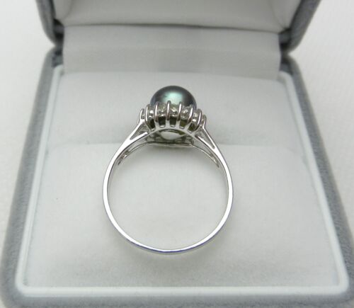 Tahitian Pearl & Diamonds Halo Ring in Solid 14k White Gold size 6.75 - Picture 5 of 9