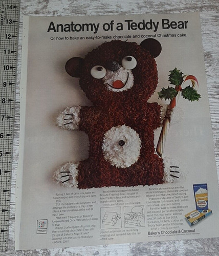 1968 Baker's Vintage Print Ad Coconut Chocolate Baking Teddy Bear Cake Christmas