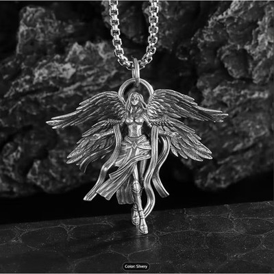 Vintage Silver Gothic Angel Wing Pendant Necklace Fantasy