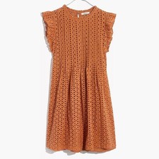 New Madewell Eyelet Ruffle Sleeve Pintuck Mini Dress XXS Mulled Cider