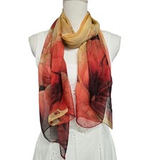 Floral Lotus Print Sheer Scarf Red Orange Gold Silk Feel Lightweight Wrap Shawl
