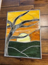 Vintage Stained Glass Window Panel Tree Sunset Landscape Suncatcher 14x18