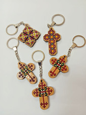 Coptic Cross Keychain Set of 5 – Handmade Beech Wood Christian Keyrings, Orthodo
