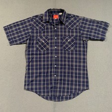 Plains Western Shirt Mens Medium Blue Plaid Pearl Snap Short Sleeve Cowboy Retro