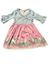 Marie Nicole Girls Dress Sz Medium Blue & pink Bunnies & Butterfly Ruffle Sleeve