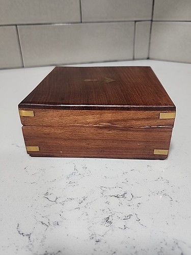 Vintage Square Wooden Brass Inlay Trinket Box Nautical Marine Anchor Navy - Picture 4 of 8