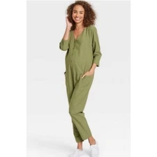 The Nines by HATCH Maternity Green 3/4 Sleeve Button Down Jumpsuit Coverall M