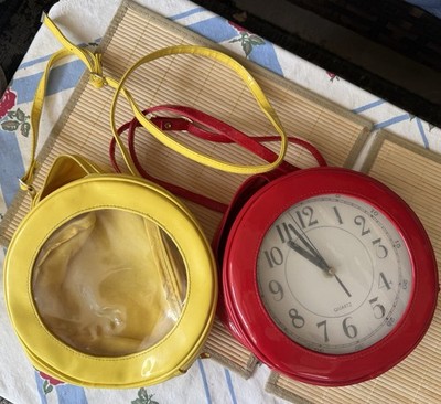 2 Vintage 80s Novelty Crossbody Round Working 1 Clock 2 Purses Red Yellow Patent