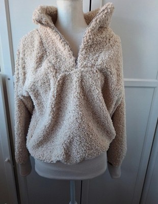 Damen Troyer Teddy Fell Plüsch Gr L 40 42 Beige Creme Jacke Pullover Kragen