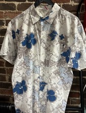 OP Ocean Pacific VTG Tiki White Blue Gray Hawaiian Shirt MEN L 100 Cotton
