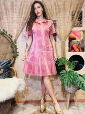 Vintage 1960s Shirt Dress Pleated With Buttons Short Sleeves Fun Retro Pink 14