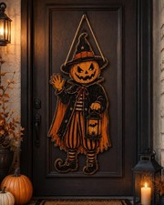 Vintage Halloween Wooden Door Sign, Retro Pumpkin Witch Wall Hanging Decor