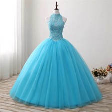 Turquoise Halter Quinceanera Dresses Lace Sparkly Tulle Formal Party Ball Gowns