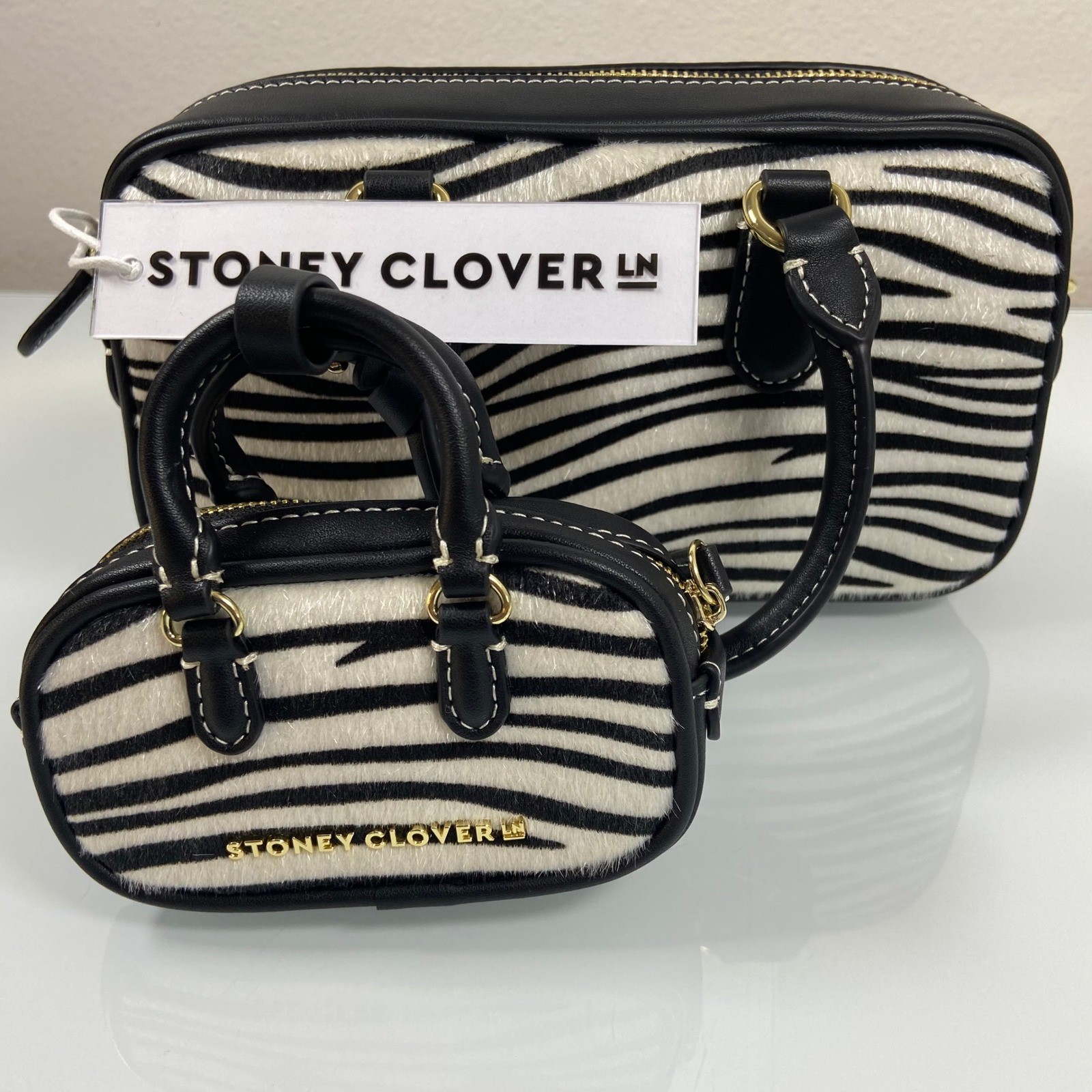 Stoney Clover Lane Womens Pouchette Black Zebra Print Safari Handbag Set New1