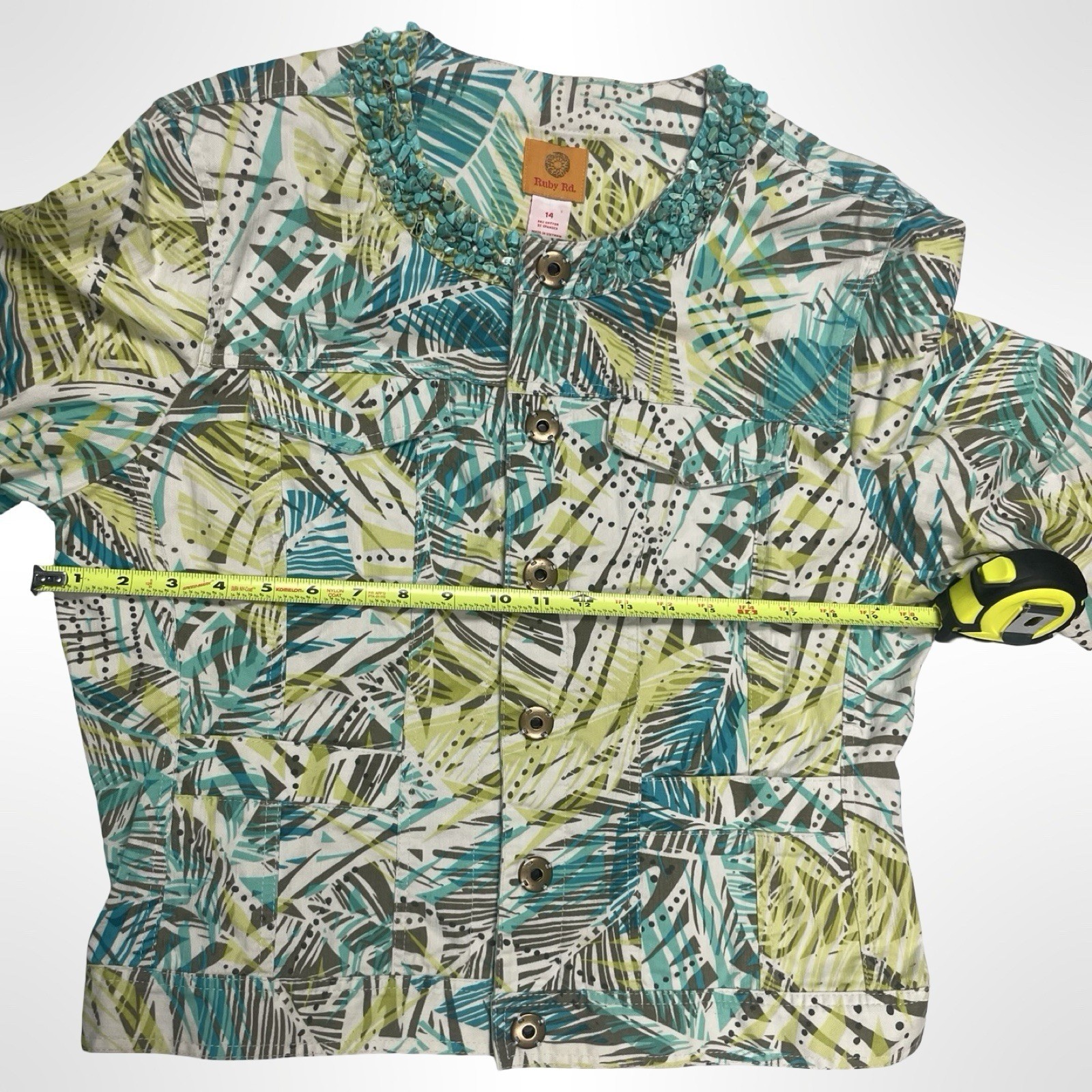 Ruby, red Tropical Leaf Print Jacket  turquoise c… - image 5