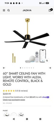 Brand New Jazava 60in Smart Ceiling Fan. White With Gold Accents. Great Deal