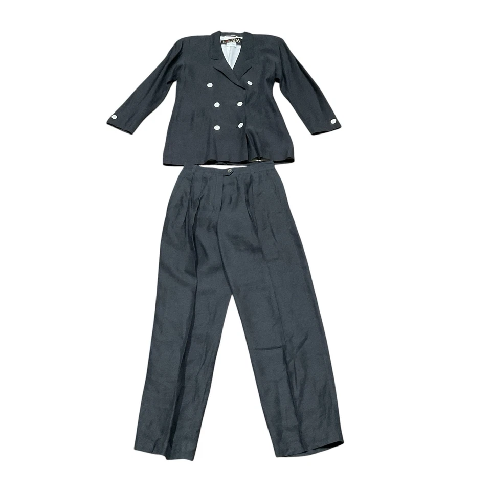 1980 Escada Margaretha Ley 3 Piezas Traje Chaqueta Falda Pantalón Conjunto Negro Lino 36/38 Foto 3 de 4