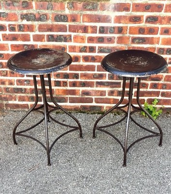 Vintage Pair Industrial Cast Iron Wide Seat Stools W/ Center Screw Mechanism.