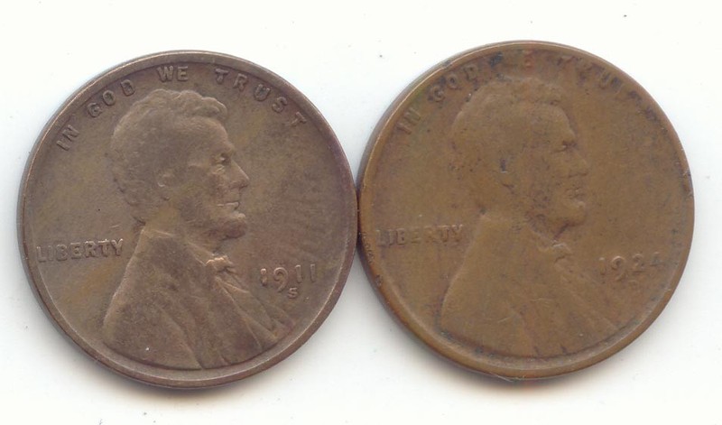 2 Scarce Early Lincoln Wheat Cent,1911-S,1924-D,Both G-VGTrue Auction,No Reserve
