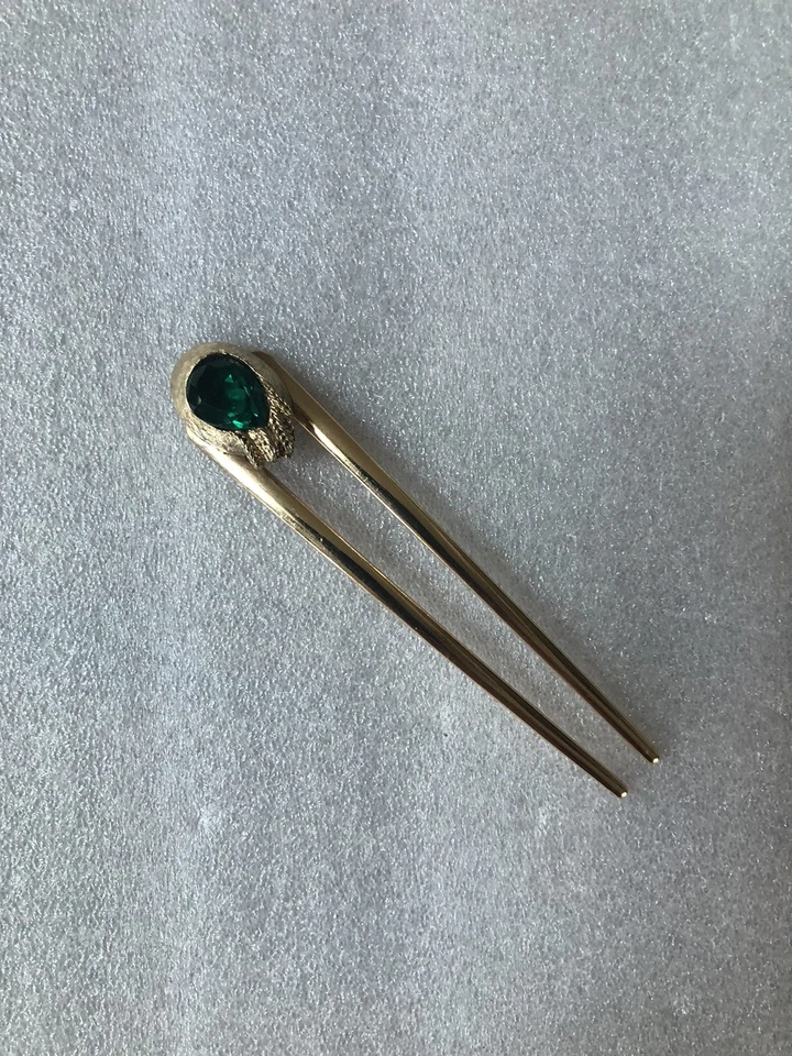 "Joyería artesanal vintage tono dorado/verde estrás metal 4"" pin en U pelo francés" Foto 2 de 4