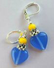 Blue Heart cat eye Yellow crystal drop earring Sp Leverback artisan Ev Xx