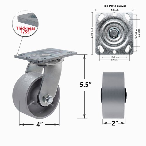 4"X2"Heavy Duty Caster Steel Cast Iron Wheel Casters,Capacity 800-3000 LB - Picture 33 of 45