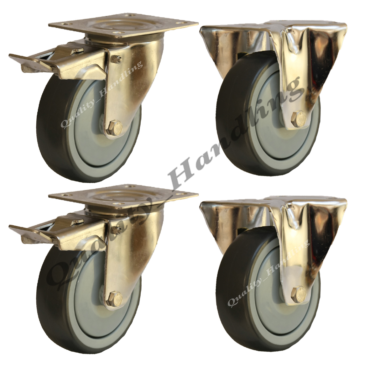 4 - 80mm stainless steel rubber fixed & braked castors 60kg each heavy duty