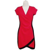 Amost Famous Womens Wrap Dress Medium Red Black V-Neck Short Sleeve Flirty
