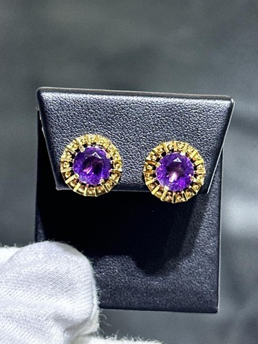 14k Solid Yellow Gold & Purple Amethyst Round Stone Vintage Stud Earrings Gift - Picture 2 of 13